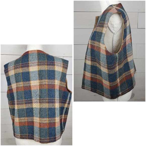 Vintage Neutral tan blue Plaid open front Vest jacket fall Unisex size large - Picture 4 of 14
